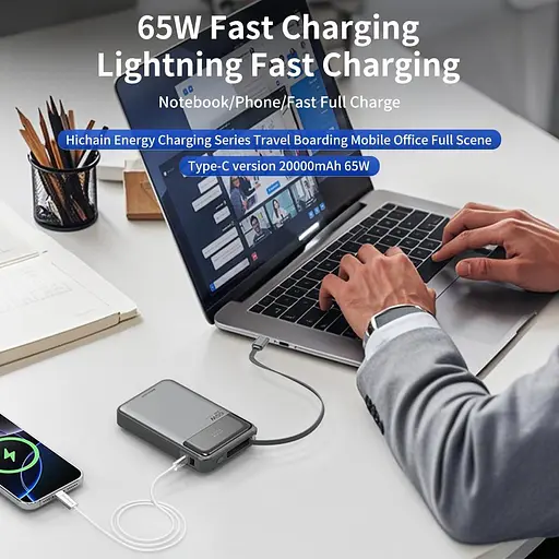 Портативний зарядний пристрій для ноутбука Hichain Power Bank 65 Вт 20000 мА·год із вбудованим кабелем USB-C, 3-портовий - фото 5