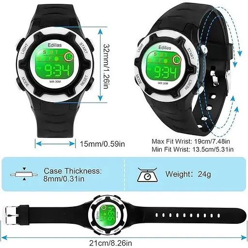 Детские цифровые часы Edillas для девочек и мальчиков, 7 цветов, легкие, водонепроницаемые, спортивные, многофункциональные - фото 5