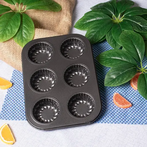 Форма для выпечки кексов и маффинов на 6 ячеек с антипригарным покрытием "Цветы №3" 26.5х18.5х2.8 см, A-plus Черный 85661 - фото 4