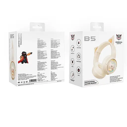Навушники Onikuma Cat Ear Bluetooth Wireless Gaming Headset B5, BT5.3, AUX, 1000mAh, Type-C, 55H, RGB, ivory - фото 12