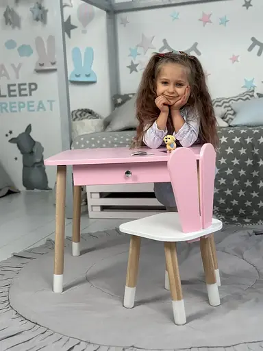 Дитячий столик зі стільцем Зайчик та ящиком для олівців та розмальовок (Рожевий) - фото 8