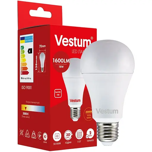 Світлодіодна лампа Vestum A70 18W 3000K 220V E27 1-VS-1112