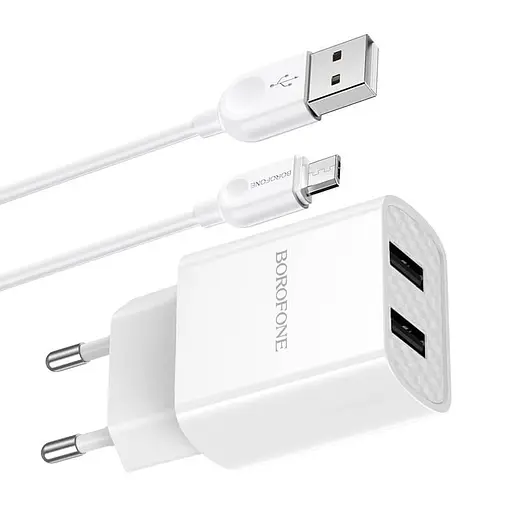 Зарядний набір блок із кабелем Borofone Powerway dual port charger set BA53A Micro USB білий - фото 1