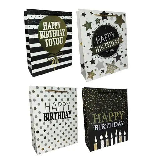 Подарочный пакет картонный, 200 г/м², Happy B-day to you, 26x32x10 см, 6 шт. в упаковке (в ассортименте)