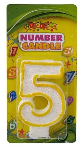Свічка-цифра з кольоровим контуром і глітером всередині, цифра 5, 4 шт. в упаковці