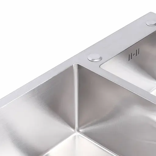 Кухонная мойка 75x41 нержавейка на две чаши Platinum Handmade (круглый сифон, 3.0/0.8), Нержавеющая сталь - фото 4