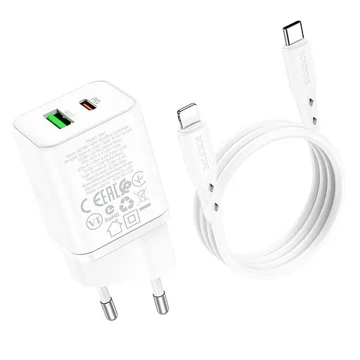 СЗУ Borofone BN7 PD20W+QC3.0 (1USB-A/1C) + кабель Type-C to Lightning White - фото 5