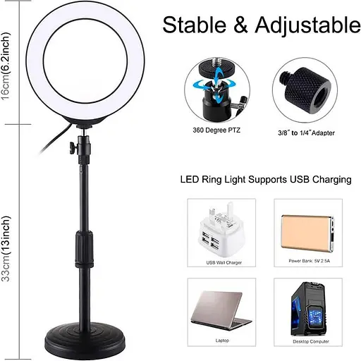 Кільцева USB LED лампа Puluz PU392 6.2"+ настільне кріплення 18-28 см - фото 5