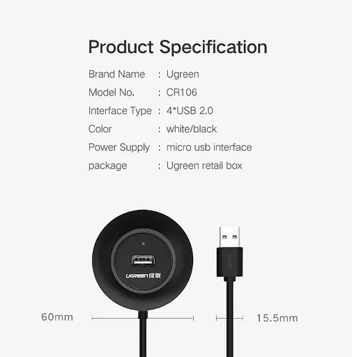 Usb-хаб (концентратор / разветвитель) Ugreen CR106 Usb 2.0 Hub 4 порта 1m черный (20277) - фото 3