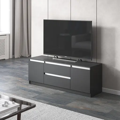 Тумба під телевізор Vays, для вітальні, сучасна, 2 висувних ящика та дві двері, без ручок R-28 Антрацит-Білі планки