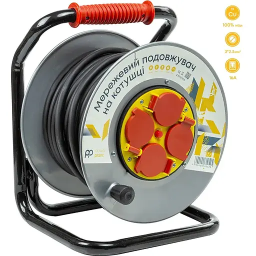 Удлинитель на катушке PowerPlant 25 м, 3x2.5мм2, 16A, 4 розетки, 100% медь (JY-20022/25)