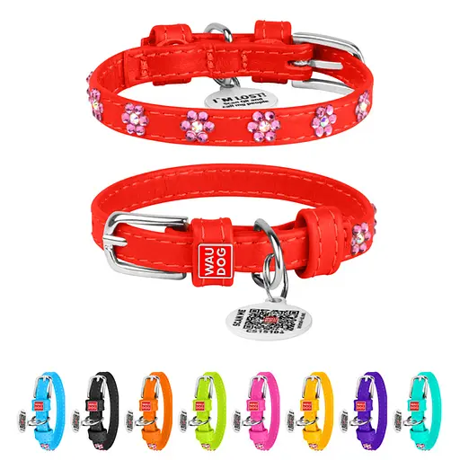 Ошейник для собак кожаный Waudog Glamour с QR-паспортом с клеевыми стразами "Цветы" Ш 9 мм Д 18-21 см красный - фото 2