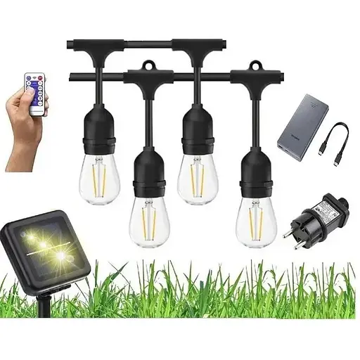 Садовая LED гирлянда Sun Lamp Edison 5 м 10 ламп 4 типа питания (солнечная панель, USB, сеть 220В, powerbank), IP65 с пультом управления