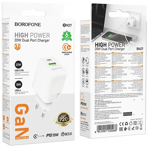МЗП Borofone BN27 Fuente PD20W+QC3.0 (1USB-A/1C) White - фото 6