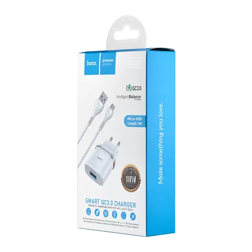 Сетевые зарядные устройства Hoco C12Q Smart QC3.0 charger set Micro (EU) Белый - фото 3