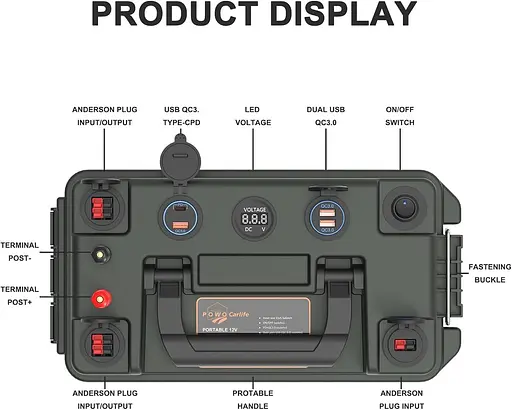 Аккумуляторная коробка POWO Carlife для батареи 30 Ah/20Ah/10Ah, водонепроницаемая батарейка с разъемом Anderson и двойным QC - фото 3