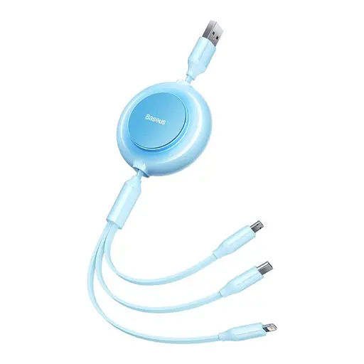 Кабель Baseus Bright Mirror 2 Series Retractable 3-in-1 Fast Charging Data Cable USB to M+L+C 3.5A 1.1m Sky Blue - фото 3