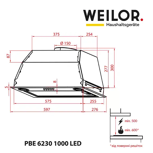 Вытяжка полновстраиваемая WEILOR PBE 6230 SS 1000 LED - фото 9