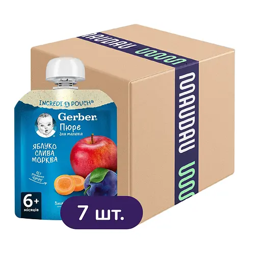 Пюре Gerber Pouch Яблоко слива и морковь 630 г (7 шт. х 90 г) - фото 1