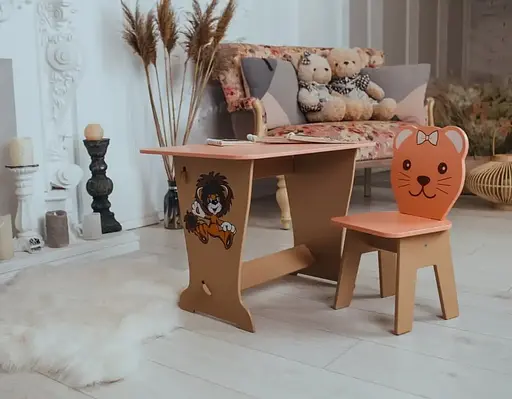 Дитячий стіл парта зі стільчиком для малювання та навчання (Персиковий) Левеня - фото 4