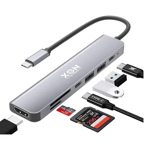 USB-хаб XON SmartHub 7 в 1 (HDMI, SD/TF, 2xType-C, 2xUSB3.0) Сірий (UHCHP074300G 5177) - фото 2