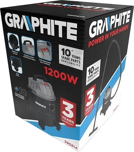 Пылесос профессиональный Graphite 1200 Вт 18 кПа контейнер 20 л колеса - фото 10