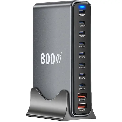 Зарядна станція ILEPO 800W багатопортова на 2 USB + 8 Type-C / мережевий мультизарядний пристрій Black (19022)