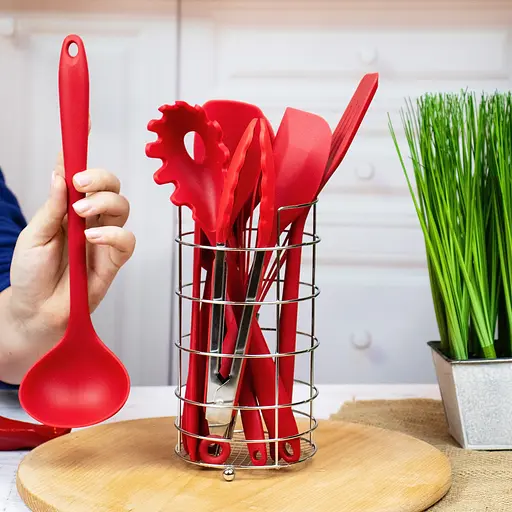 Набір кухонного приладдя силіконовий з 10 предметів з підставкою (вінчик, ополоник, лопатка, щипці), A-plus Червоний 85469 - фото 2