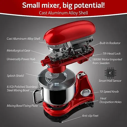 Кухонный комбайн планетарный Cookdeyi миксер тестомес 1800 Вт чаша 8 л SM 1522NM red - фото 5