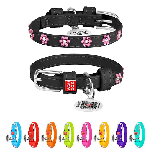 Ошейник для собак кожаный Waudog Glamour с QR-паспортом с клеевыми стразами "Цветы" Ш 12 мм Д 21-29 см черный - фото 2