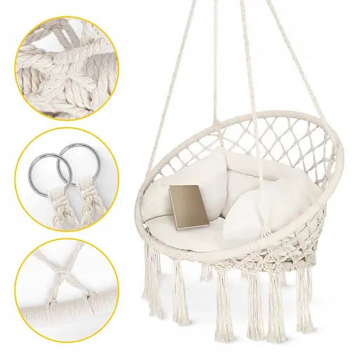 Крісло-гойдалка 4FIZJO Boho Dream 80 см з подушкою, підвісна, плетена Beige (P-5905973404549) - фото 9