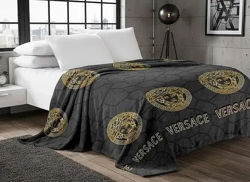 Елегантне Плед-покривало TAG Велсофт (мікрофібра) 150x220 см Версаче чорне всесезонне покривало з м'якої мікрофібри для ліжка - фото 1