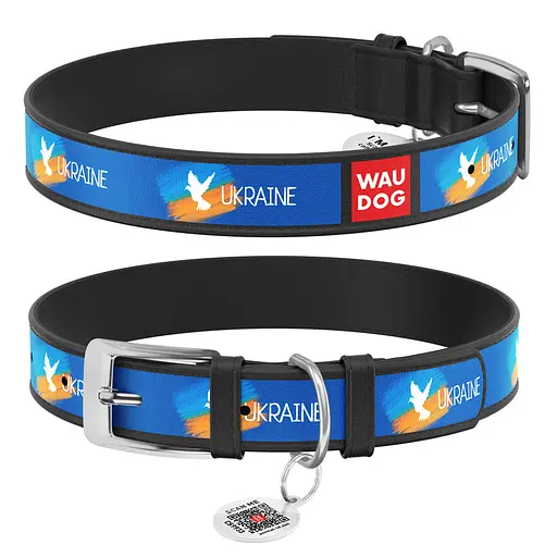 Ошейник для собак кожаный Waudog Design с QR-паспортом "Прапор" XXS Ш 12 мм Д 18-24 см черный