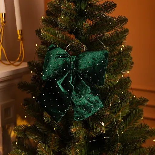 Оксамитовий бант для декору Yiwu зі стразами на ялинку та двері 25×35 (см) Зелений CR-2-12 - фото 2