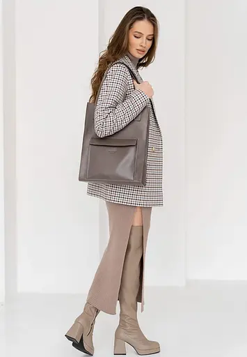 Шкіряна жіноча сумка шоппер Бетсі з кишенею темно-бежева Краст - фото 4