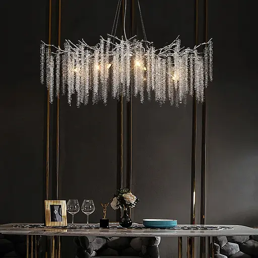 Удлиненная изысканная серебряная люстра с хрустальными подвесками Line F Длина 150 см - фото 1