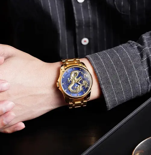 Чоловічий наручний годинник Skmei 9193 Дракон синій циферблат Золотисті - фото 5