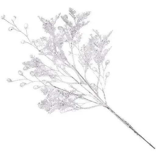 Декоративная ветка с акриловыми каплями и глиттером Белый с серебряным 40 см - фото 1