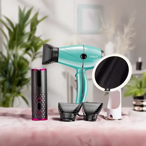 Подарунковий бокс: стайлер для завивки з керамічним покриттям + професійний фен VGR V-452 + світлодіодне кругле дзеркало CP2026-15