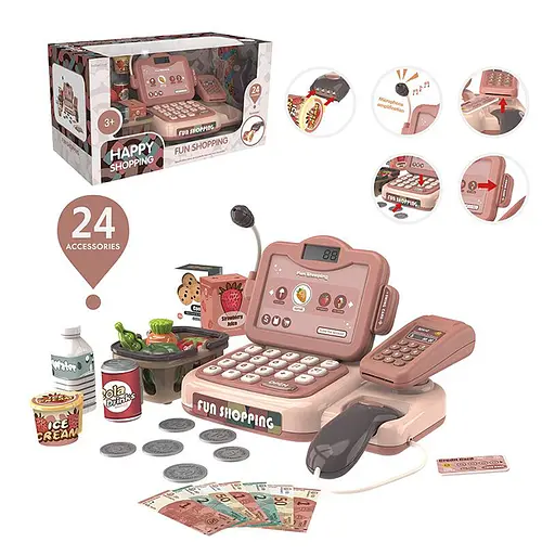 Кассовый аппарат 888P калькулятор, микрофон, сканер, терминал, звук, свет, продукты, 24предмета, в коробке (6903317697373) - фото 1
