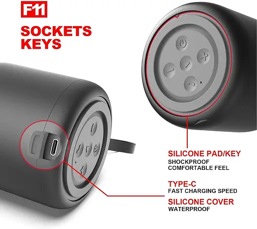 Колонка, F11 Персональні водонепроникні стереозвучні бездротові динаміки для подорожей з регуляторами низьких і високих частот - фото 5