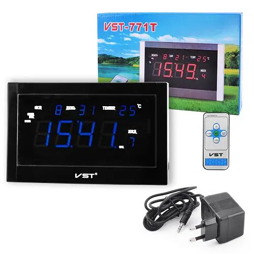Сетевые настольные часы VST-771T-5 синие цифры + температура + пульт 220В - фото 3