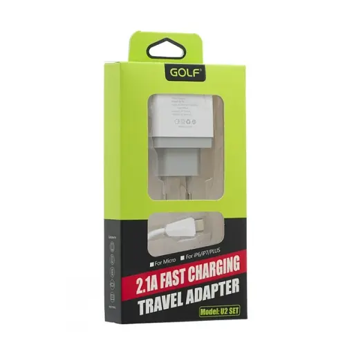 Адаптер сетевой GOLF Micro cable GF-U2 2 USB 2.1 A сетевое настенное зарядное устройство + 2 кабели lightning - фото 2