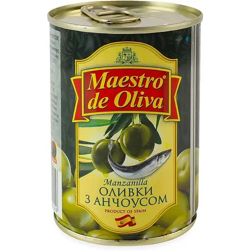 Оливки Maestro de Oliva без косточки анчоус 280 г жестяная банка ключ