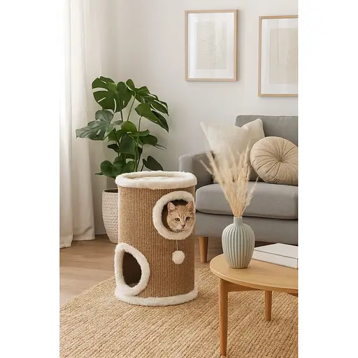 Дряпка Trixie для котів Edoardo з будиночком та іграшкою на мотузці сизаль/плюш бежева 33х50 см [CD] - фото 4