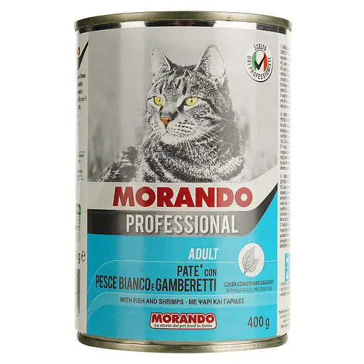 Уценка. Консервированный корм для кошек Morando Professional паштет с белой рыбой и креветками 400 г