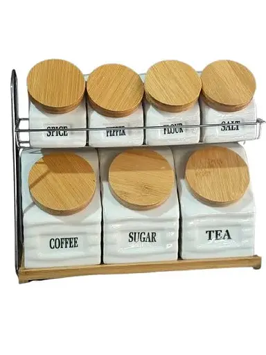 Набір банок порцелянових A-Plus 6731 на металевій підставці  бамбукові кришки 8 предметів Білий - фото 1