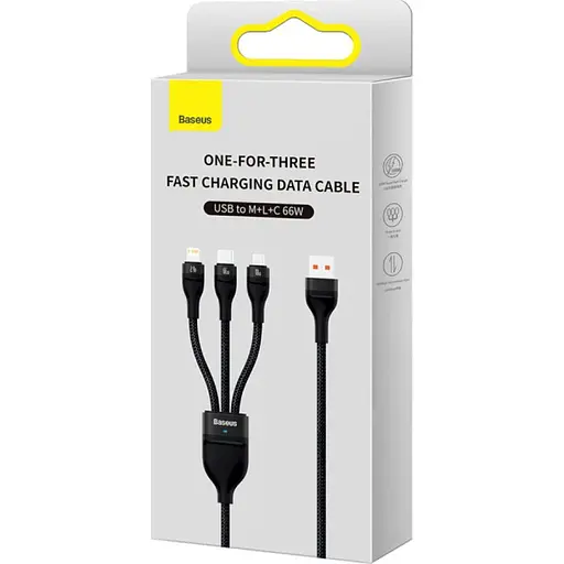 Кабель Baseus Flash Series Ⅱ One-for-three Fast Charging Data Cable USB to M+L+C 66W 1.2m Black - фото 2