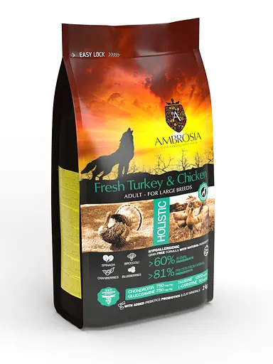 Уценка. Сухой корм Ambrosia Grain Free Dog Adult For Large Breeds Fresh Turkey & Chicken для взрослых собак крупных пород со свежей индейкой и курицей 12 кг - фото 2