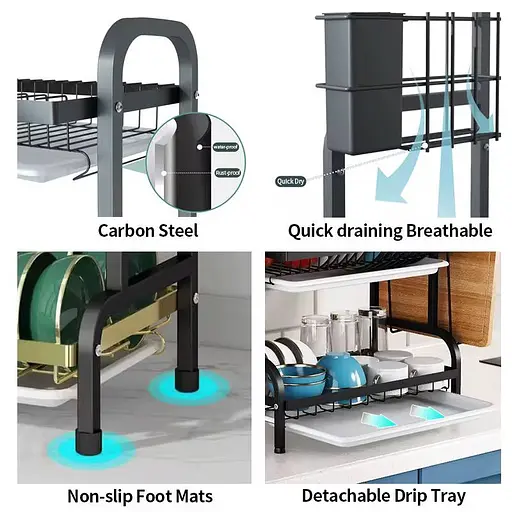 Дворівнева металева сушка для посуду – стильна полиця для миття й зберігання кухонного приладдя - фото 3